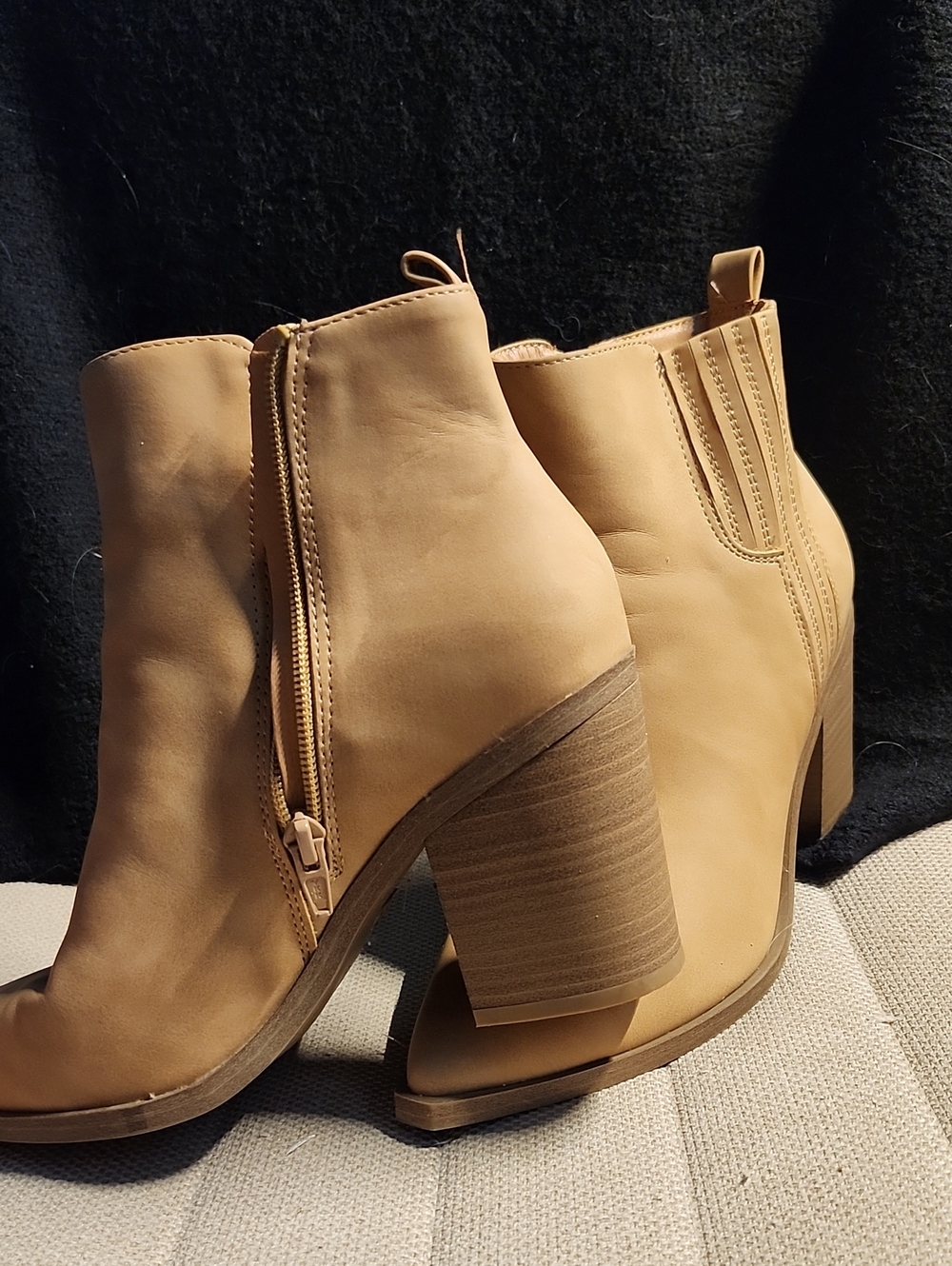 Beige Women's Block Heel Ankle Boots - Casual Zip Booties